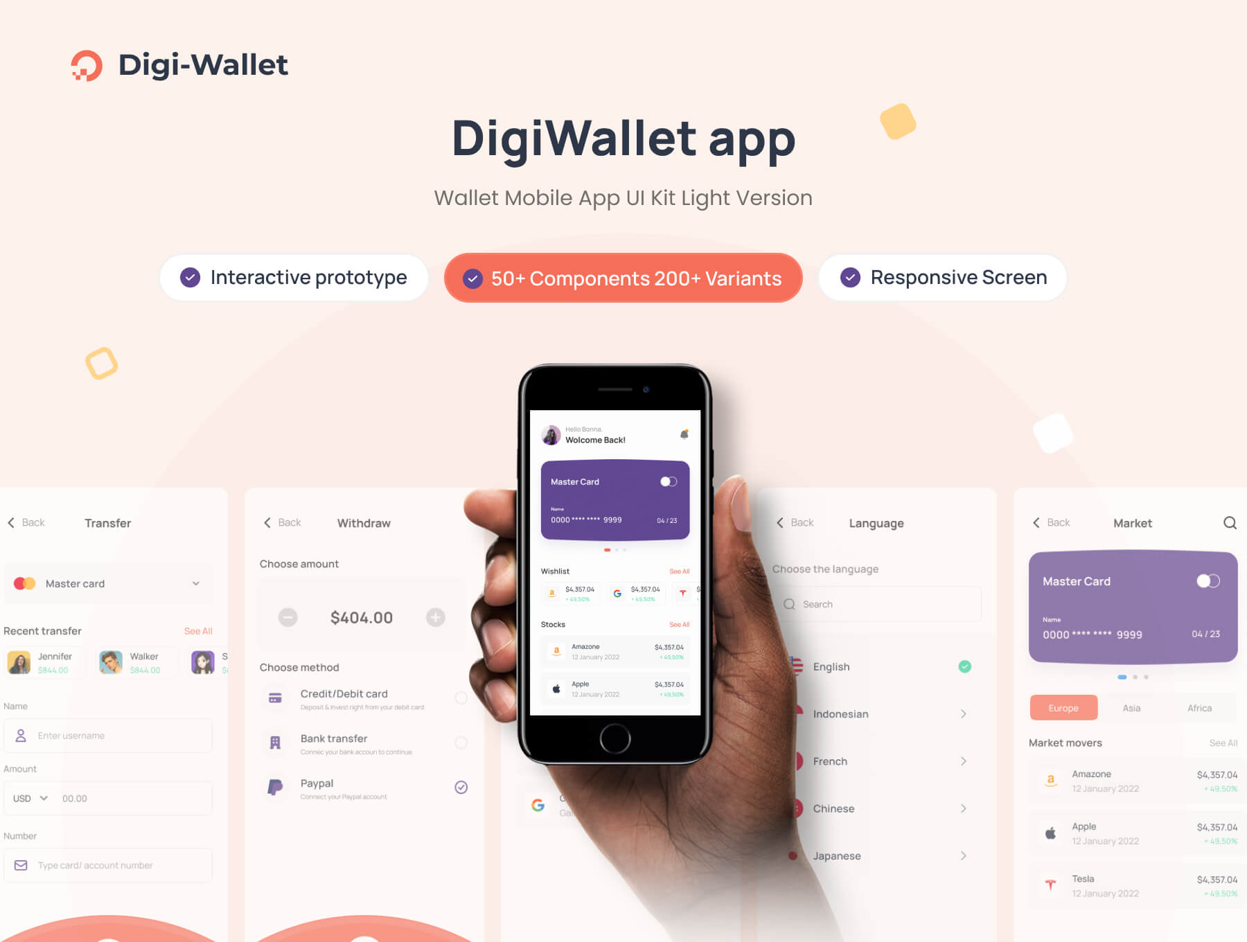 股票市场应用程序 UI 套件设计-Digiwallet Figma素材