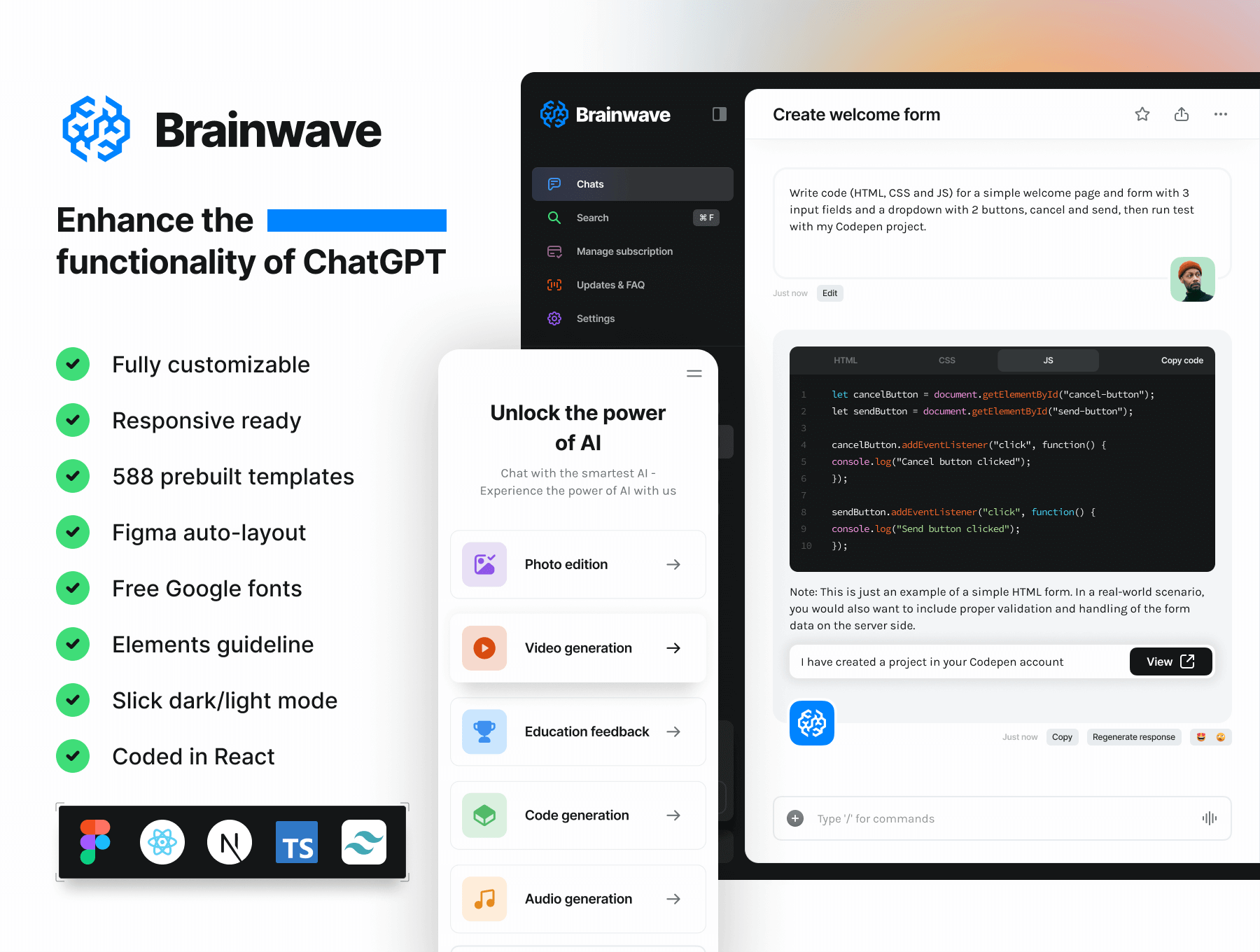 ChatGPT 延伸品AI UI设计模板 Figma源文件 HTML代码 React插图