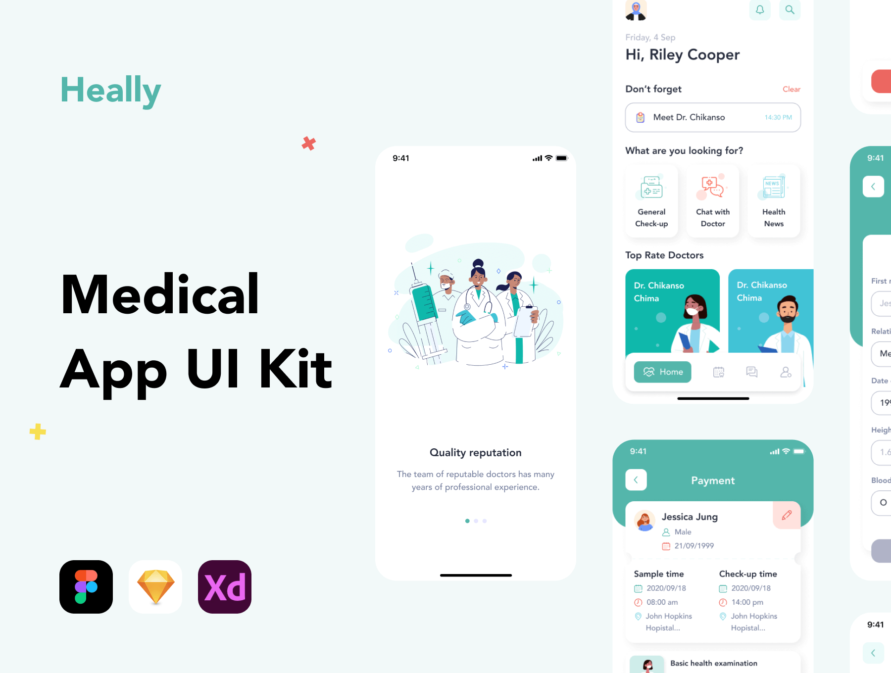 插画风格医疗App小程序应用 UI 设计素材模板 Figma, Sketch, XD源文件资源下载插图
