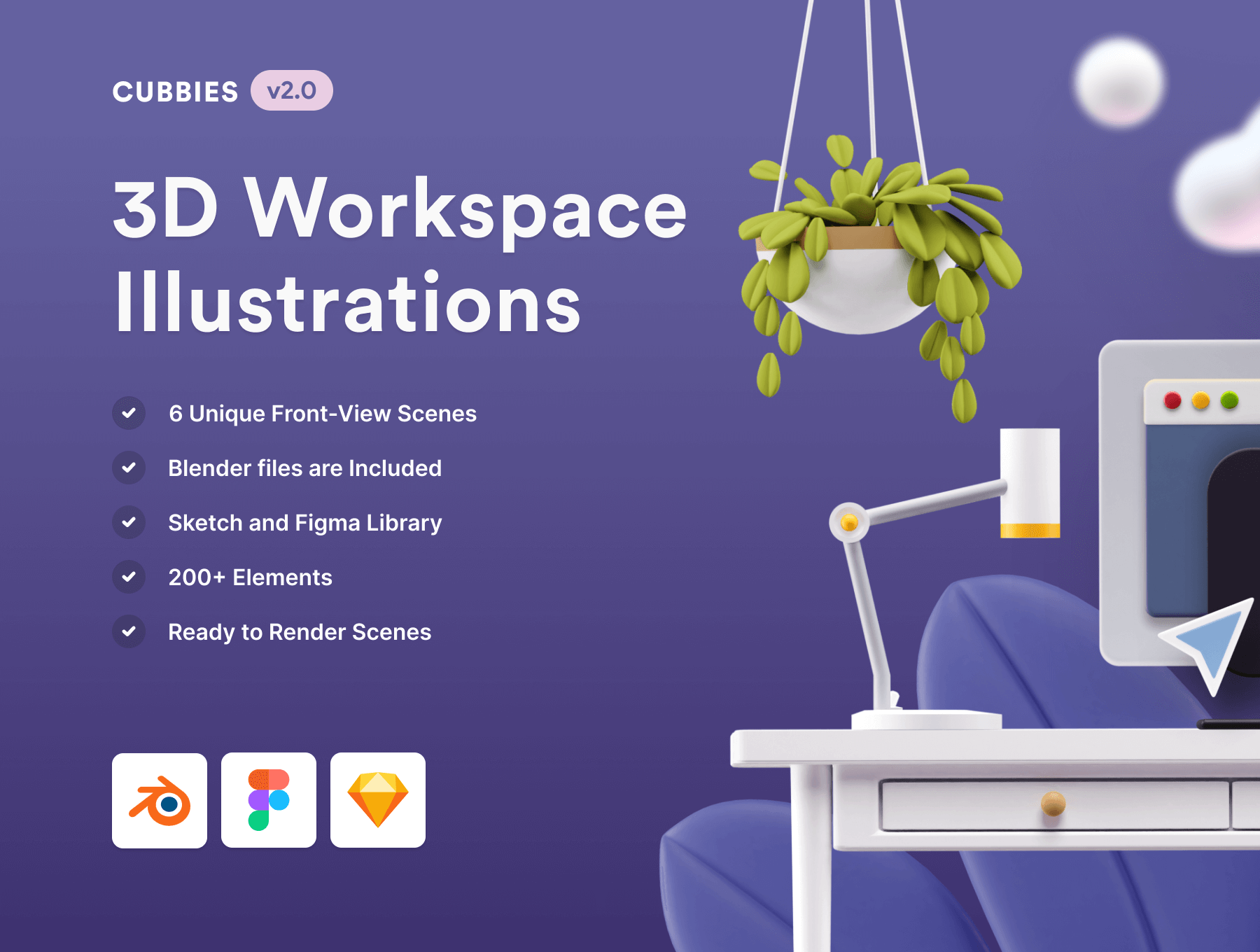 3D 工作区插图 Sketch、Figma 和 3D Blender 渲染文件免费下载插图