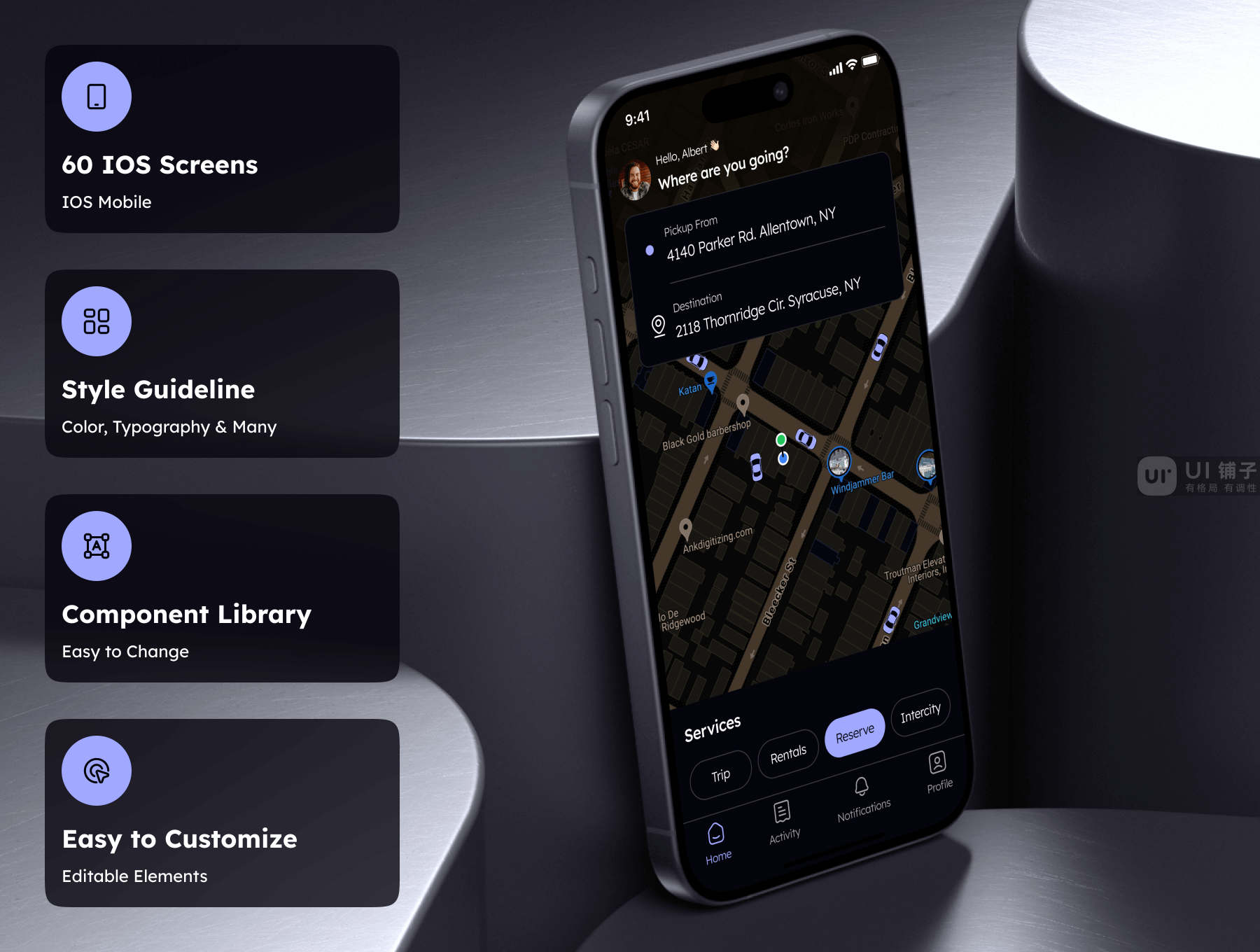 打车预订应用程序 UI 套件 Figma素材