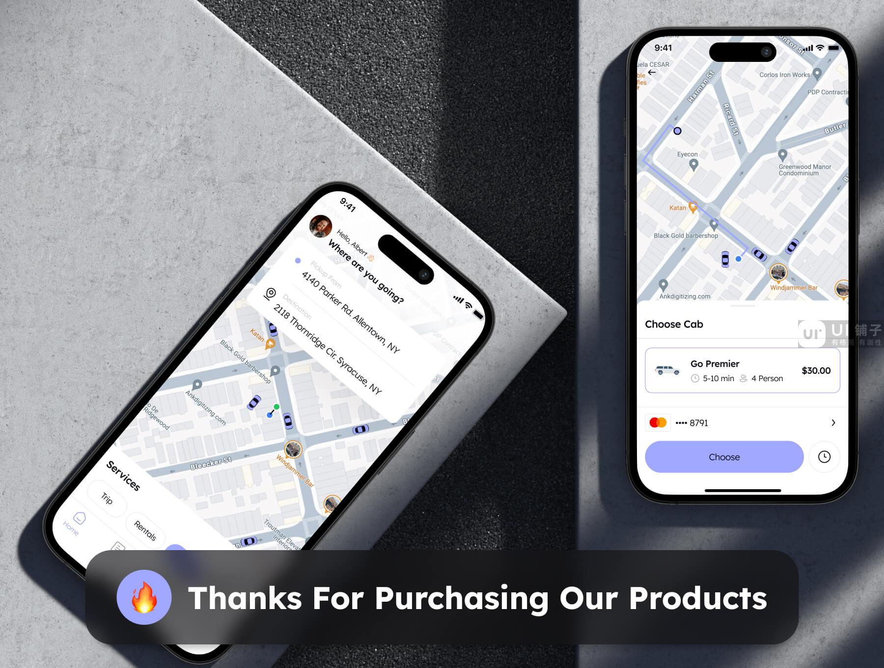 打车预订应用程序 UI 套件 Figma素材