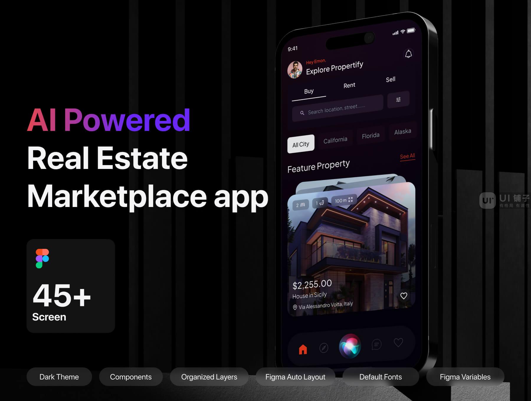 Ai 房地产市场移动应用 Figma UI 设计模板插图