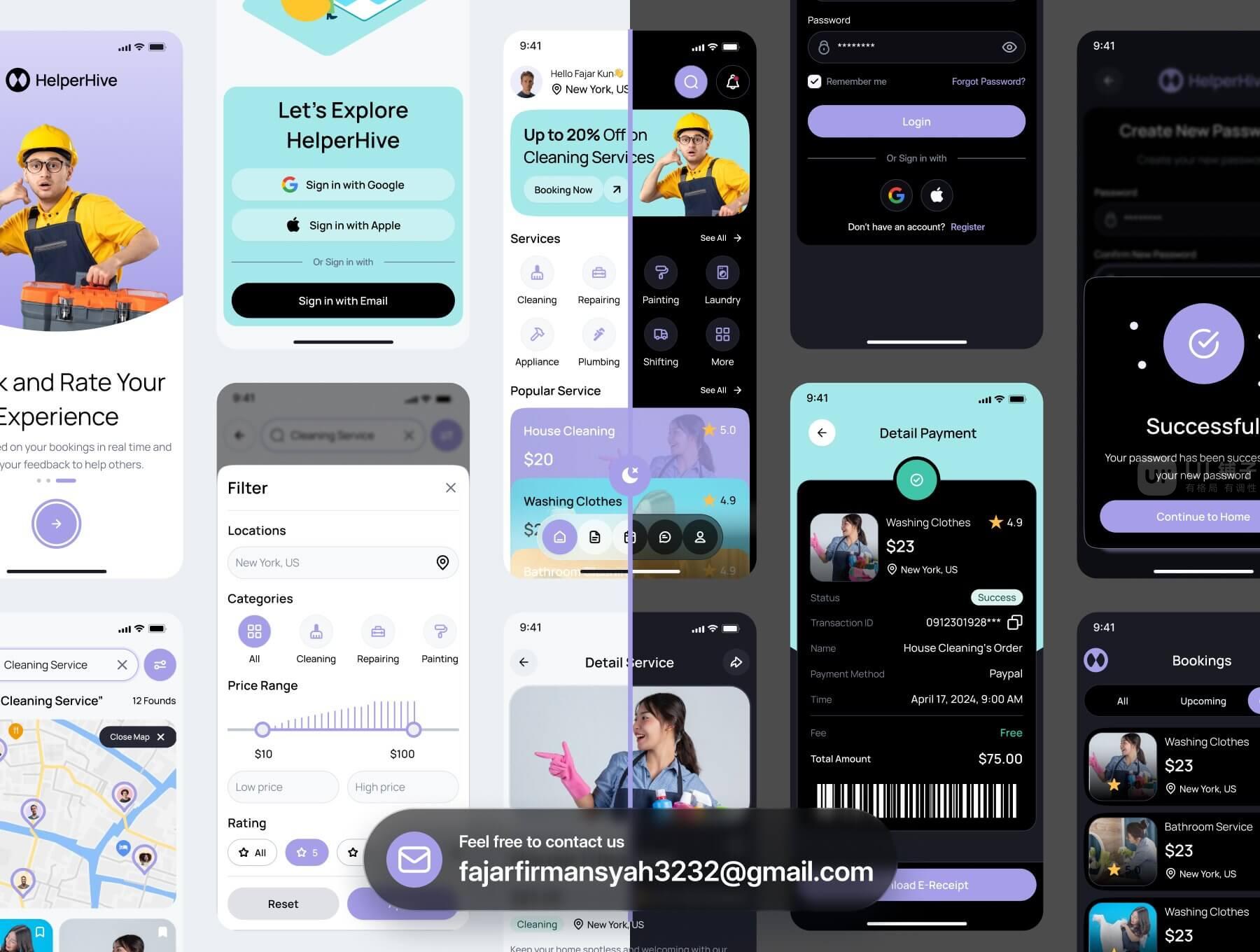 家政、保洁、维修等服务预约移动应用程序 Figma UI 设计模板套件