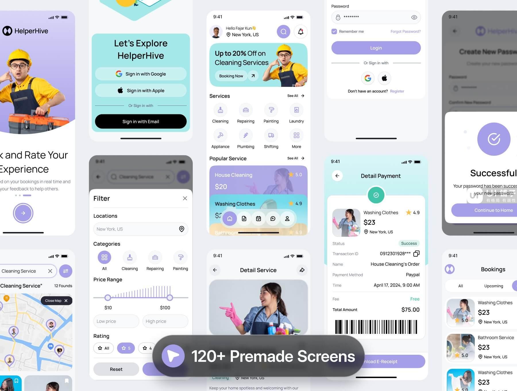 家政、保洁、维修等服务预约移动应用程序 Figma UI 设计模板套件