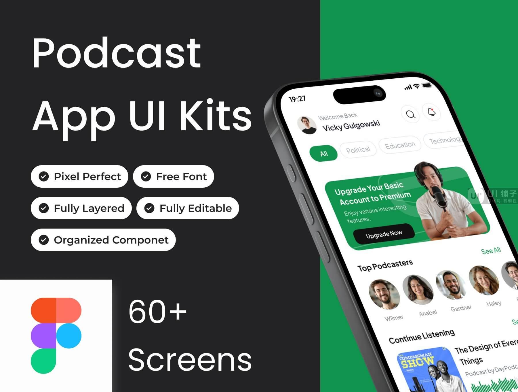播客应用程序 Figma UI 设计模板套件插图