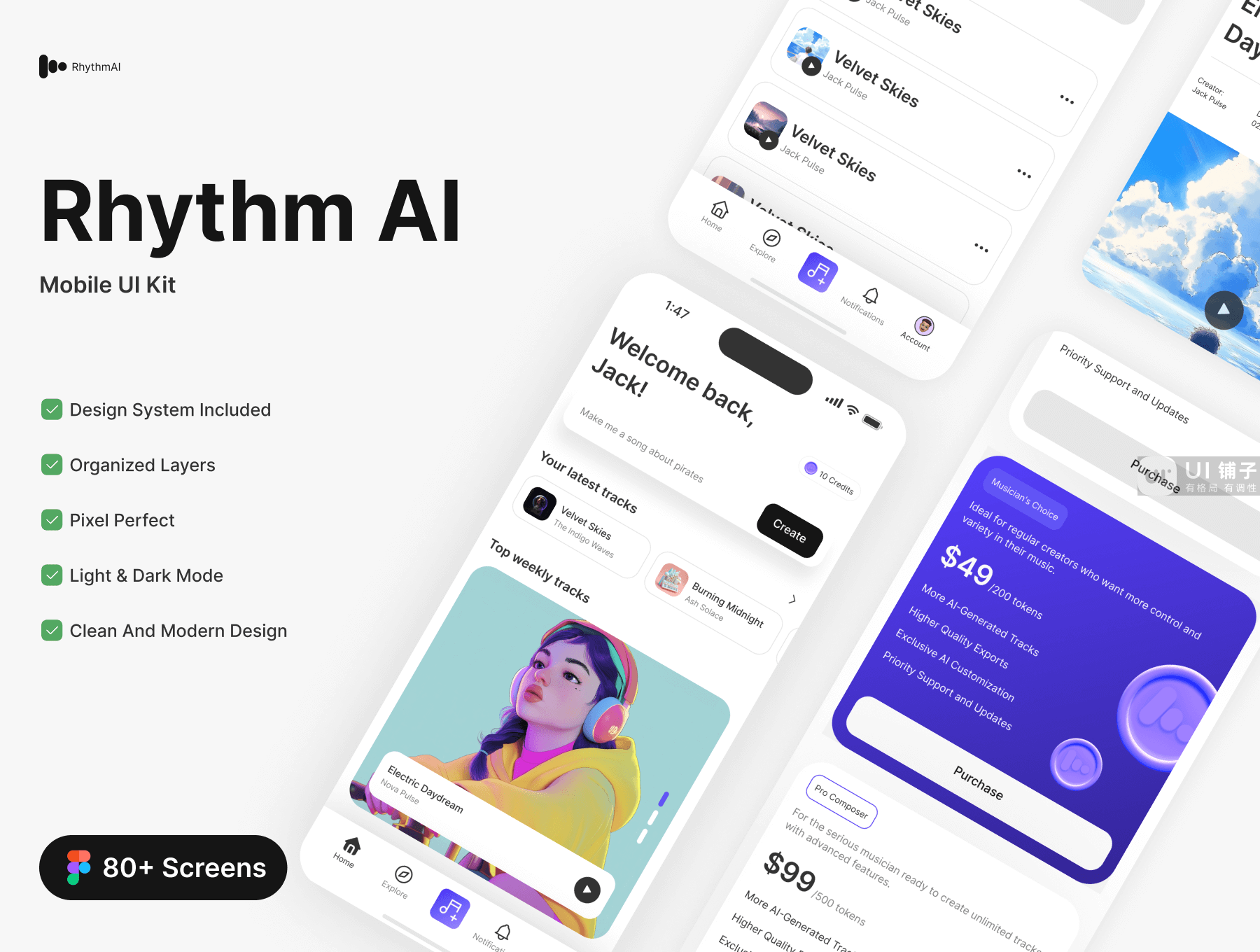 AI 音乐创作应用程序 Figma UI 设计模板套件插图