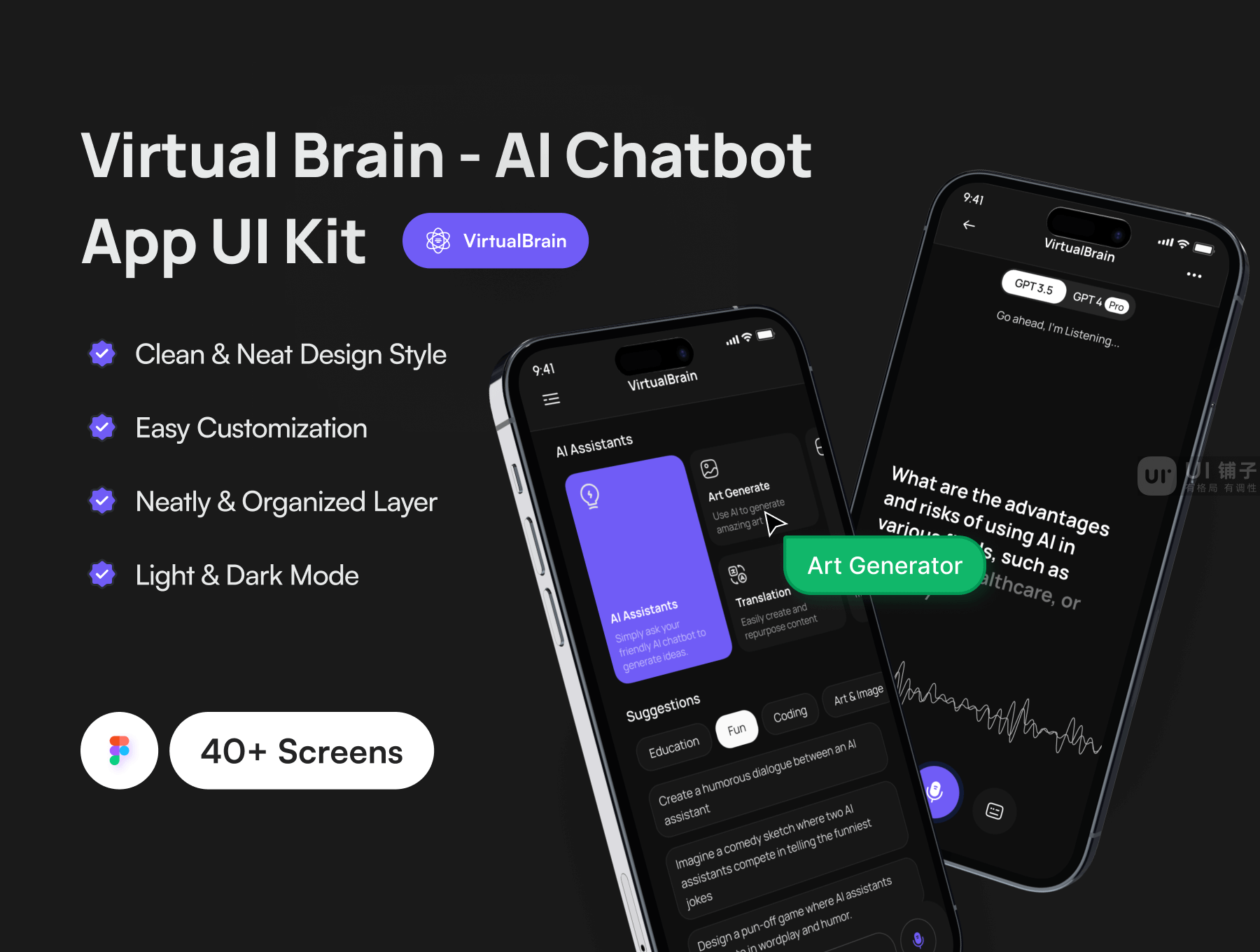 虚拟大脑 | AI 聊天机器人应用程序 Figma UI 设计模板套件