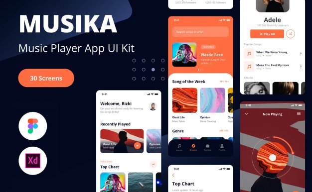 音乐播放移动小程序 UI 套件 Figma素材模版、Adob​​e XD源文件素材