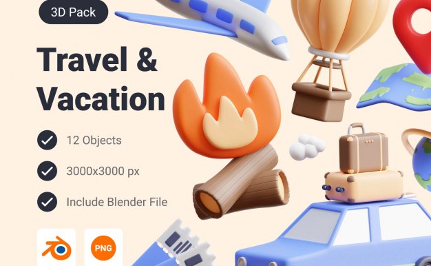 旅行和度假 3D 图标包
