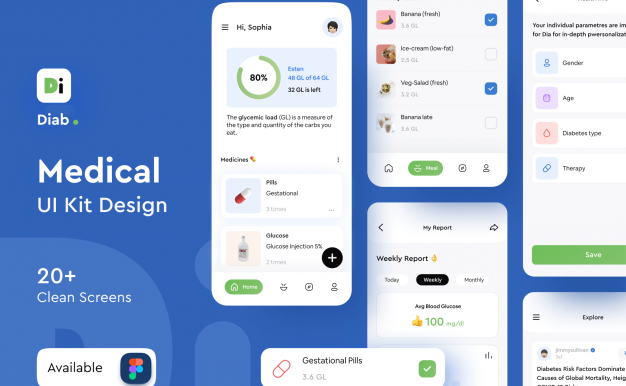 糖尿病饮食吃药管理APP小程序应用 UI 用户界面套件 Figma 源文件素材下载