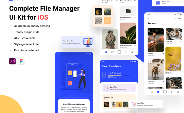 iOS APP文件管理器 UI 用户界面设计模板套件 Figma, XD源文件素材下载