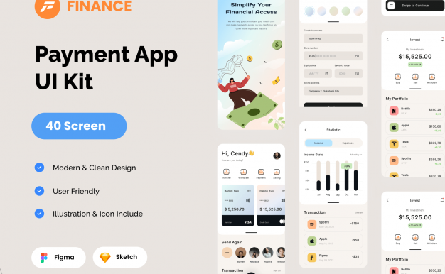 金融科技支付应用移动 APP小程序 UI 用户界面设计模板套件 Figma, Sketch源文件素材下载